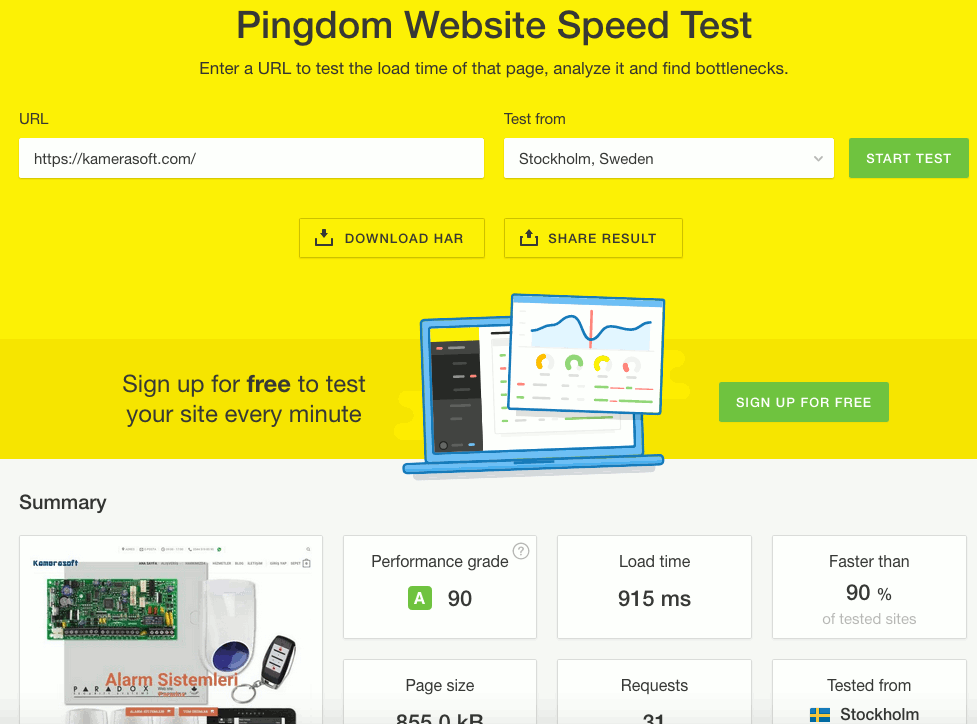 Pingdom wordpress site hız test aracı