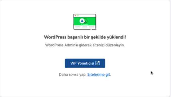 Otomatik WordPress kurulumu tamamlandı. internet sitesi kurmak 2. adım tamam