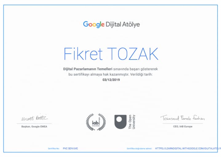 Fikret TOZAK Google Dijital Atölye Sertifikası. WordPress SEO SEM Eticaret konuları ile ilgili sertifika.